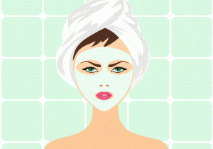 woman with green face mask in a shower