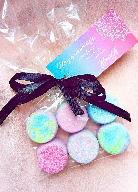 DIY mini bath bomb set packaged as a gift with a free gift tag attached