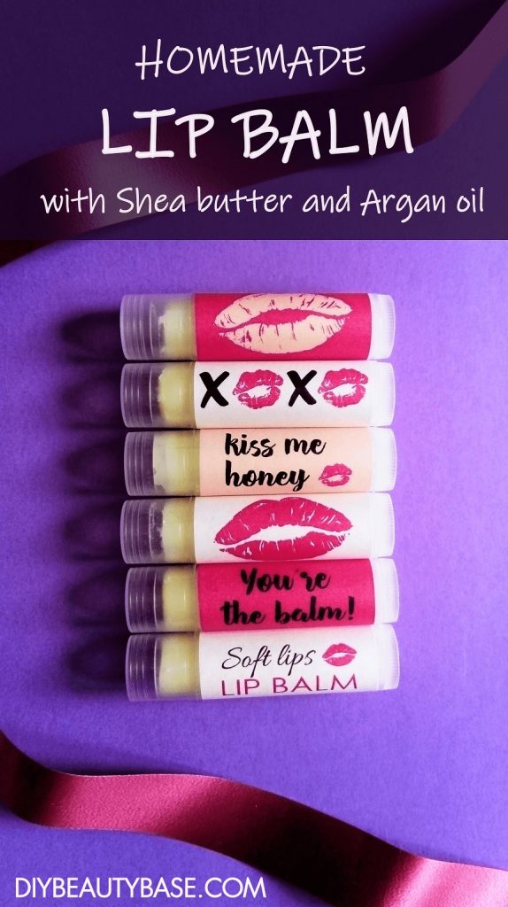 Very easy DIY lip balm with Shea butter and Argan oil. This homemade lip balm absorbs quickly leaving only thin non-greasy layer of protection on your lips. Perfect for using underneath the lipstick! I have created some cute printable lip balm labels to go with this DIY lip balm recipe. Makes it perfect for gifts. #DIYBEAUTYBASE #diylipbalm #homemadelipbalm #diybeauty #diycosmetics #sheabutter #skincare #lipcare #arganoil #homemade #diy #lipbalmrecipe DIY shea butter lip balm with argan oil tubes on a purple display. All six lip balm labels displayed