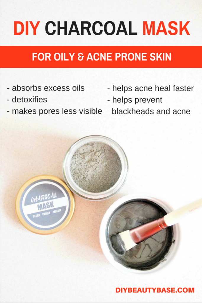 Make this easy DIY charcoal mask from only 4 ingredients. It will help you control oil production and will fight acne. #diy #diybeautybase #facemask #charcoal #acne #oilyskin #beauty #homemade dry homemade charcoal face mask mix and next to it a bowl with a prepared face mask. Picture shows charcoal mask benefits for the skin