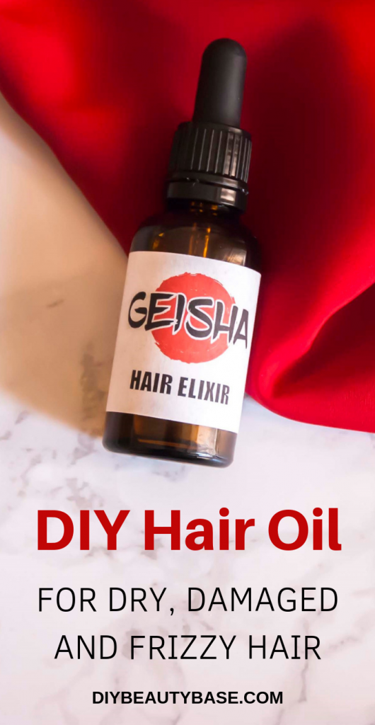 Best DIY Hair Oil for dry, damaged and frizzy hair. This homemade hair oil recipe combines 3 most powerful oils for hair. This DIY hair serum makes hair soft, manageable and shiny. This DIY hair oil can be used as an anti-friz treatment, overnight hair mask and leave-in conditioner. DIY hair oil for dry hair bottle with a geisha label