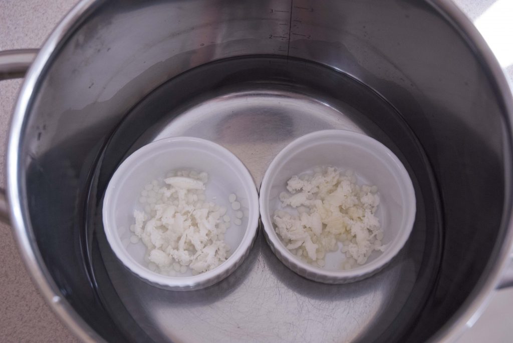 melting butters and wax to make DIY lip balm melting process for making homemade lip balms