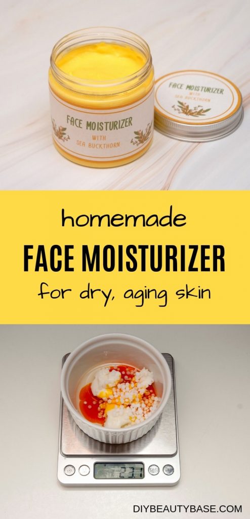 If you have dry skin, aging skin you will love this DIY face moisturizer recipe. It is easy to make and is formulated to provide maximum hydration, protection and anti-aging benefits. This homemade face cream for dry skin also improves the complexion of the skin by providing a beautiful gentle tan. Your dull winter skin will look healthy and glowing. The main anti-aging ingredient in this homemade face moisturizer is sea buckthorn oil that is proven by studies to be a powerful antioxidant and provide anti-aging and healing properties. This DIY face cream really works. #diybeauty #diyskincare #diyfacecream Homemade face moisturizer for dry aging skin in a jar with free printable labels and a bowl with ingredients such as shea butter, sea buckthorn oil, sweet almond oil and bmts
