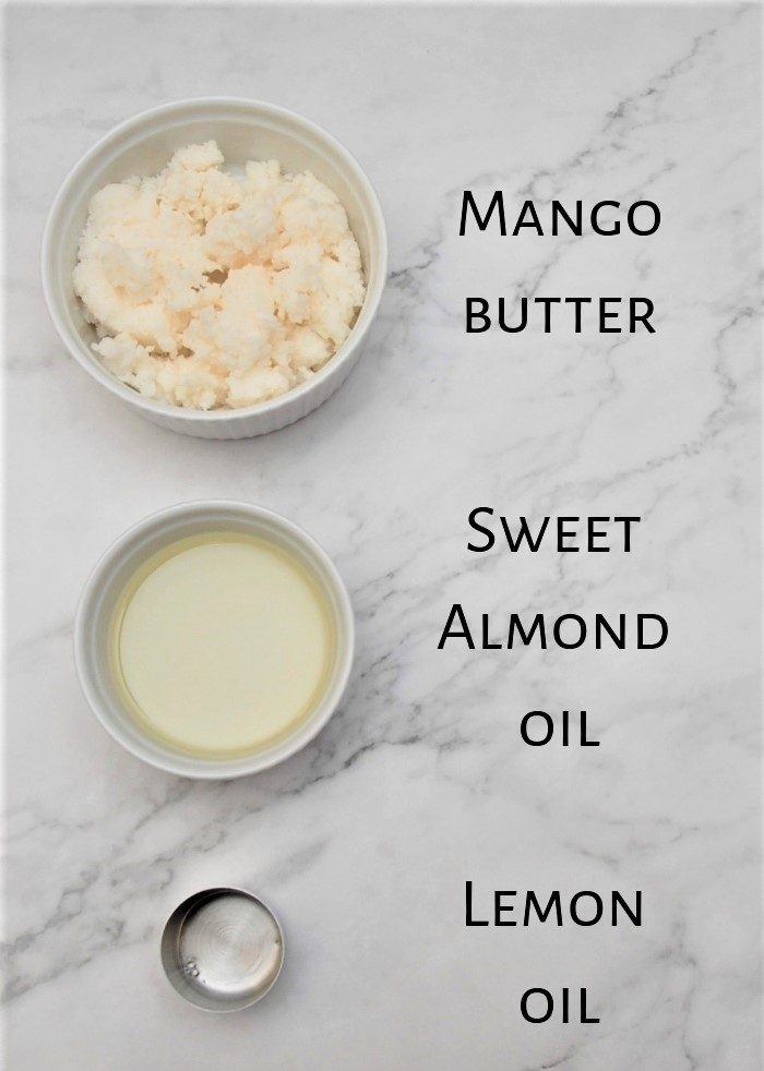 ingredients for DIY body butter recipe : mango butter, sweet almond oil and lemon essential oil