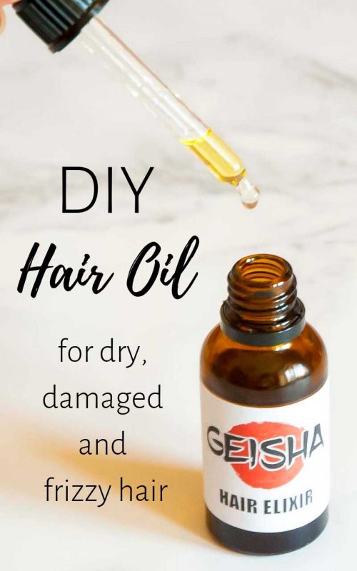 This DIY hair oil nourishes dry damaged hair. helps to control the frizz and makes hair silkier. Geisha hair oil can be used as a leave-in conditioner, overnight hair mask or just a hair oil for dry ends. Hair oil blend in a bottle for dry and damaged hair.
