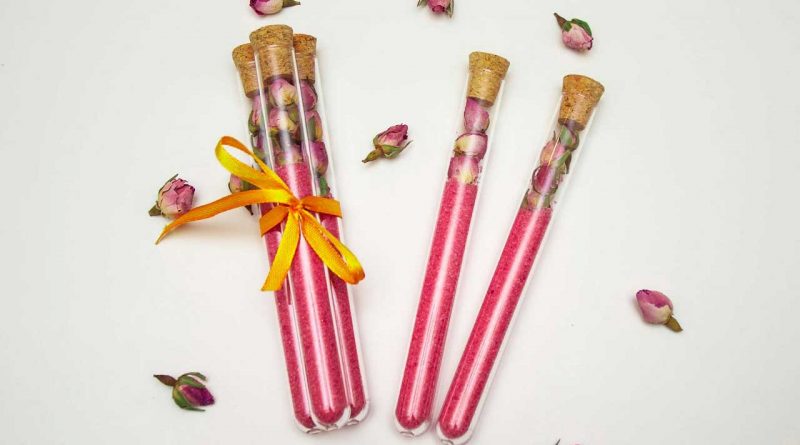 pink DIY rose bath salts in tubes as cute DIY gifts or favors