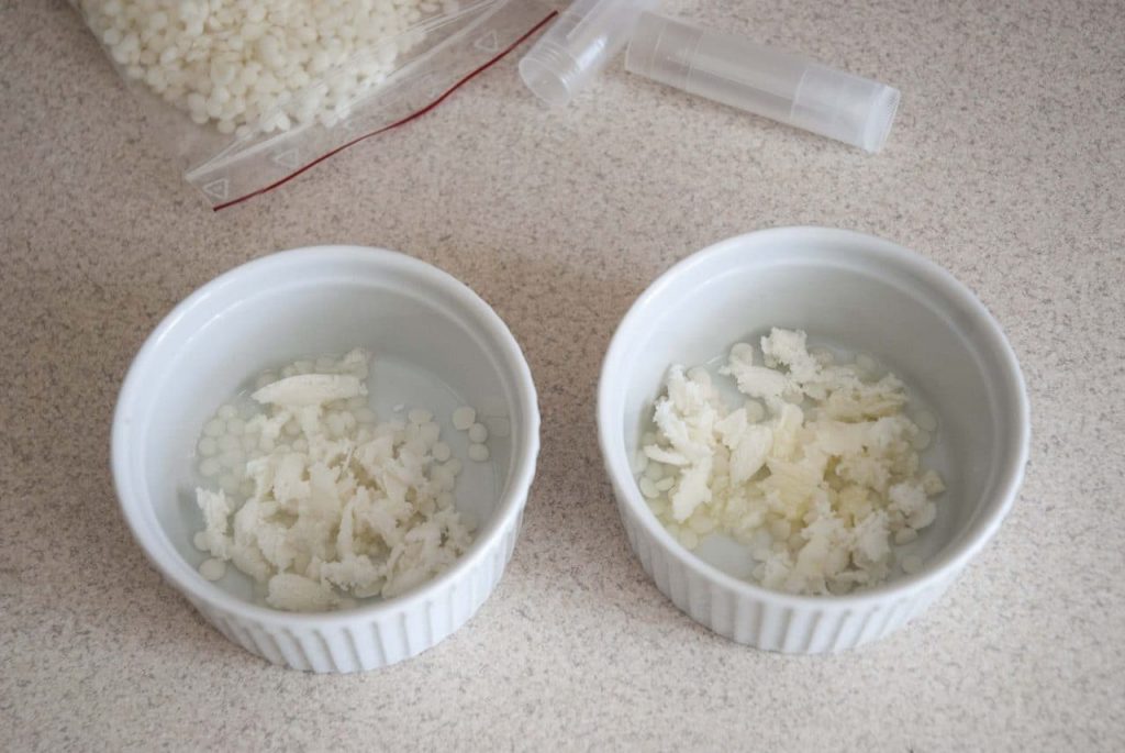 white beeswax, shea butter and sweet almond oil in the heat proof bowls