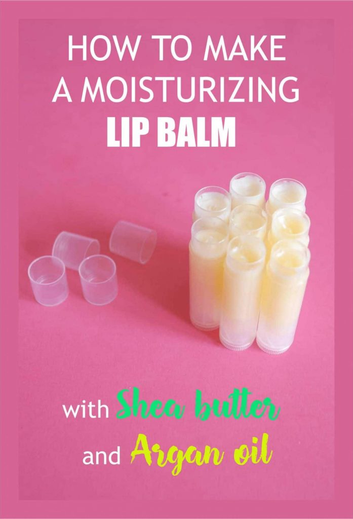six lip balm tubes filled in with DIY shea butter lip balm with argan oil