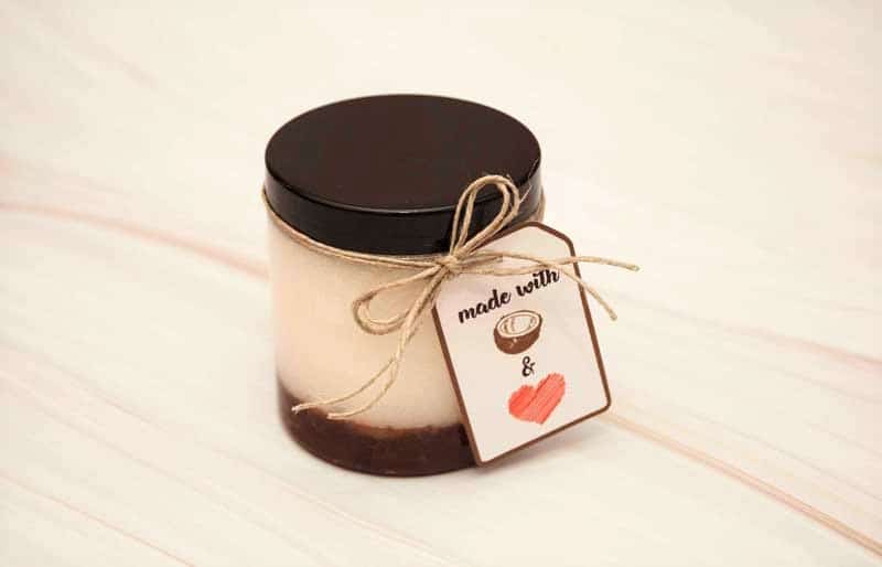 DIY coconut oil sugar scrub with a gift tag