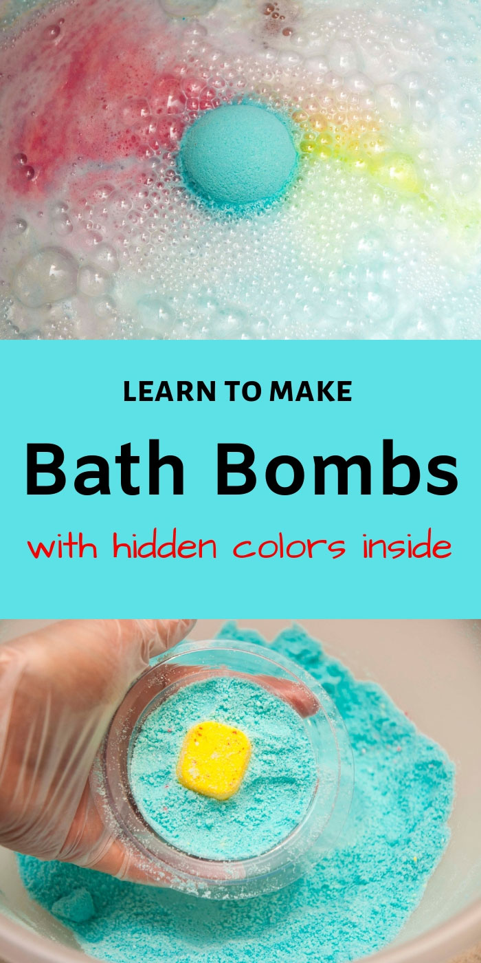 Learn to make DIY bath bombs with hidden colors inside similar to the LUSH ones. This bath bomb recipe will shows you how to easily make bath bomb embeds and hide them insdie the bath bombs to create a beautiful color show in the bathtub. These DIY bath bombs can be customized to achieve many different looks. #bathbombs #diycrafts