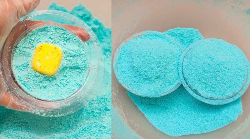 Making blue bath bomb with yellow embeds