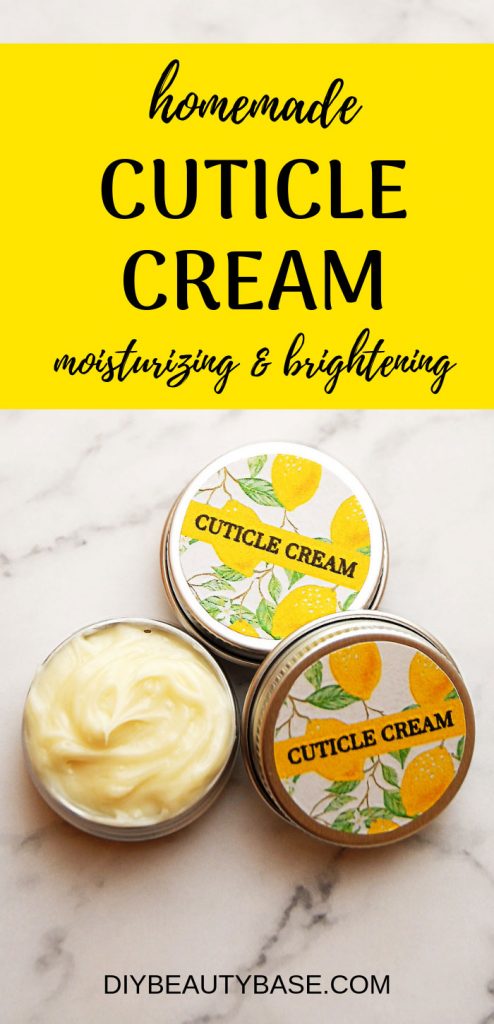 Make this DIY cuticle cream with lemon essential oil to moisturize and brighten your cuticles and nails. This homemade cuticle cream is better than cuticle oils because it includes more protective and moisturizing ingredients such as lanolin and shea butter. These ingredients not only moisturize the skin and nails but also create a protective layer preventing moisture from evaporating. This allows the cream to last longer on your hands and work better. #diybeauty