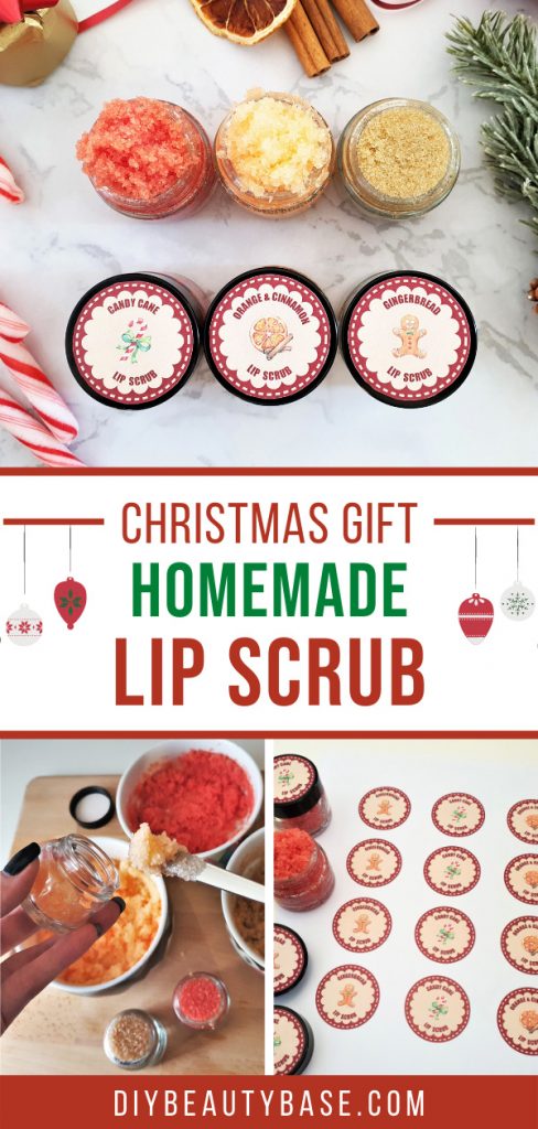 DIY lip scrub as a cheap DIY Christmas gift that can be made with peppermint candy cane or gingerbread essential oils