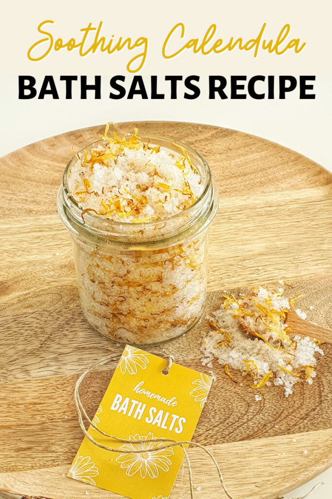 DIY bath salts recipe with calendula infused oil and dried calendula petals