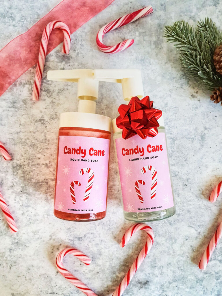 homemade hand soap for Christmas, scented as Candy Cane