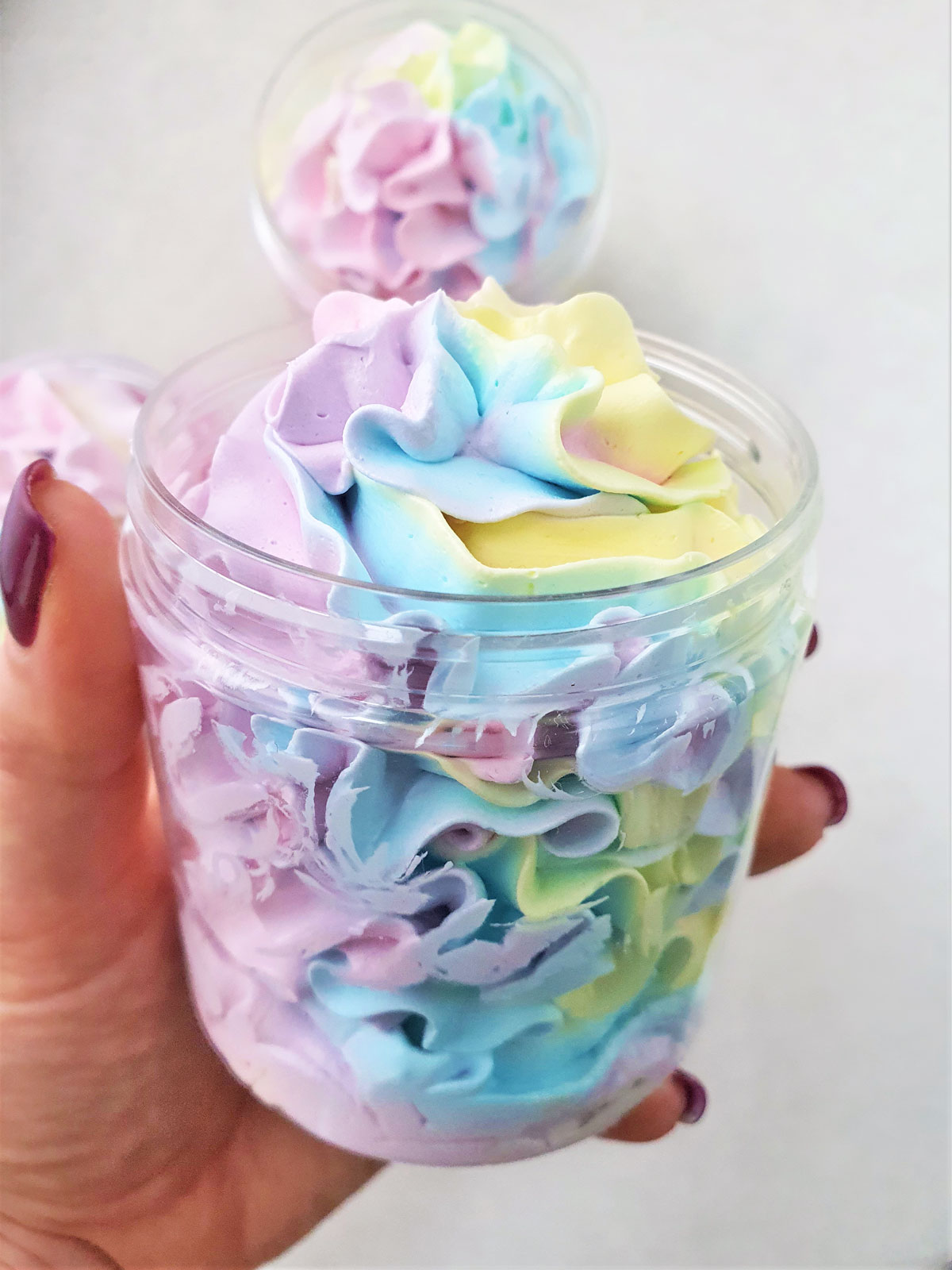 DIY rainbow whipped soap pipped in a jar