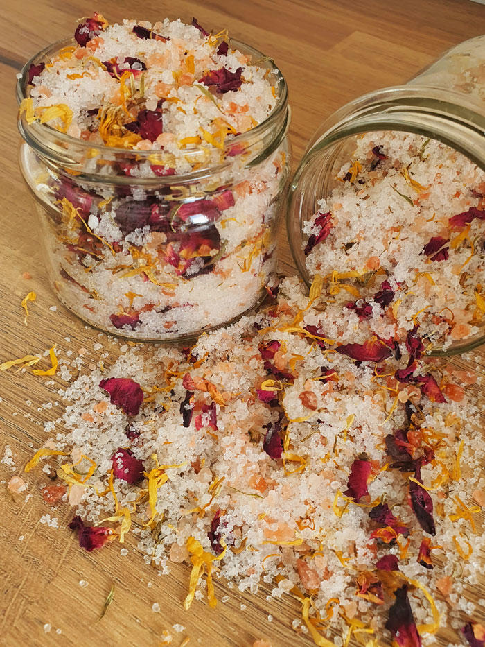 homemade floral bath salts in a jar