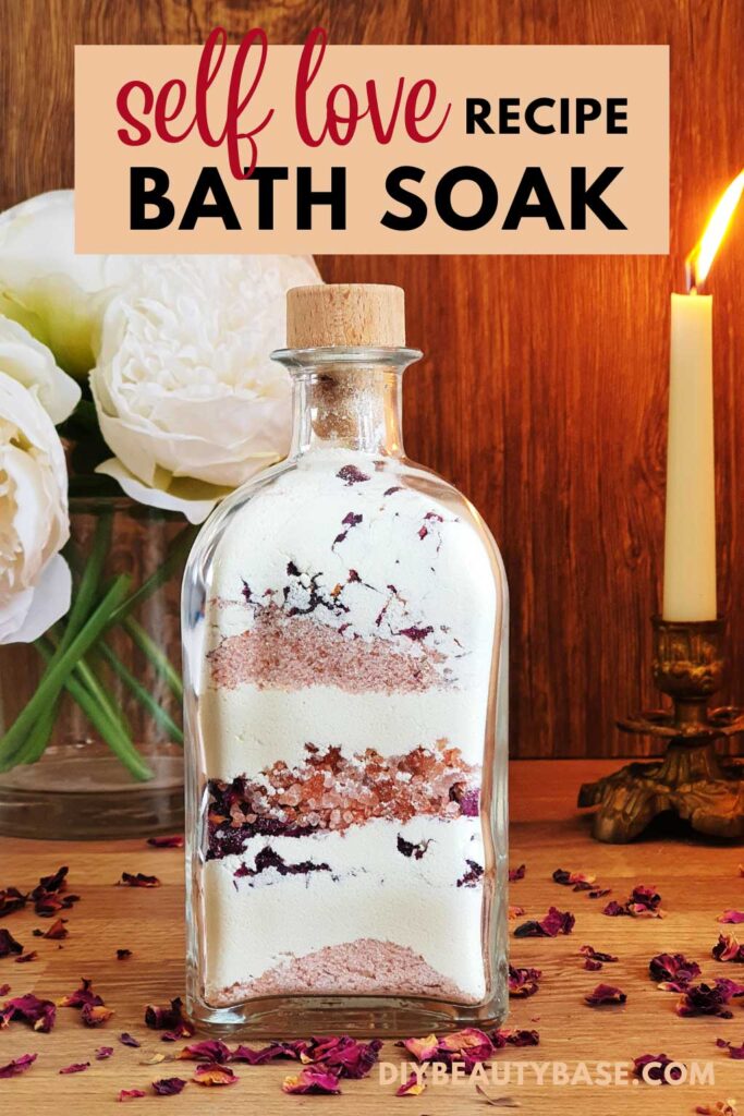 DIY self love bath soak with milk Himalayan salt rose and essential oils