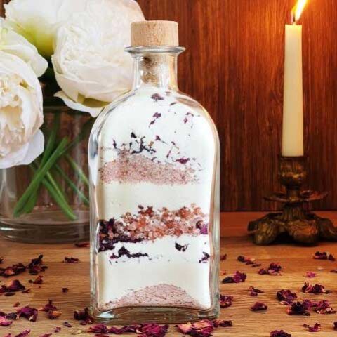 DIY bath soak with Himalayan salts, milk and rose petals