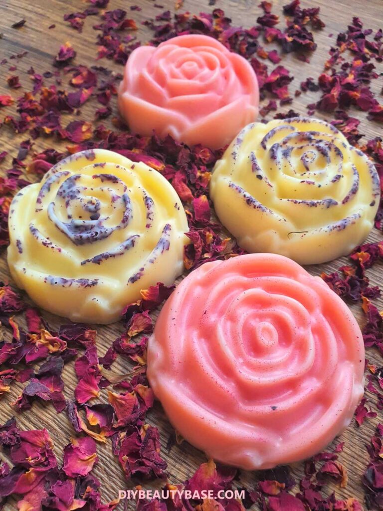 Valentine pink solid lotion bar scented and shaped as rose flower and with rose petals
