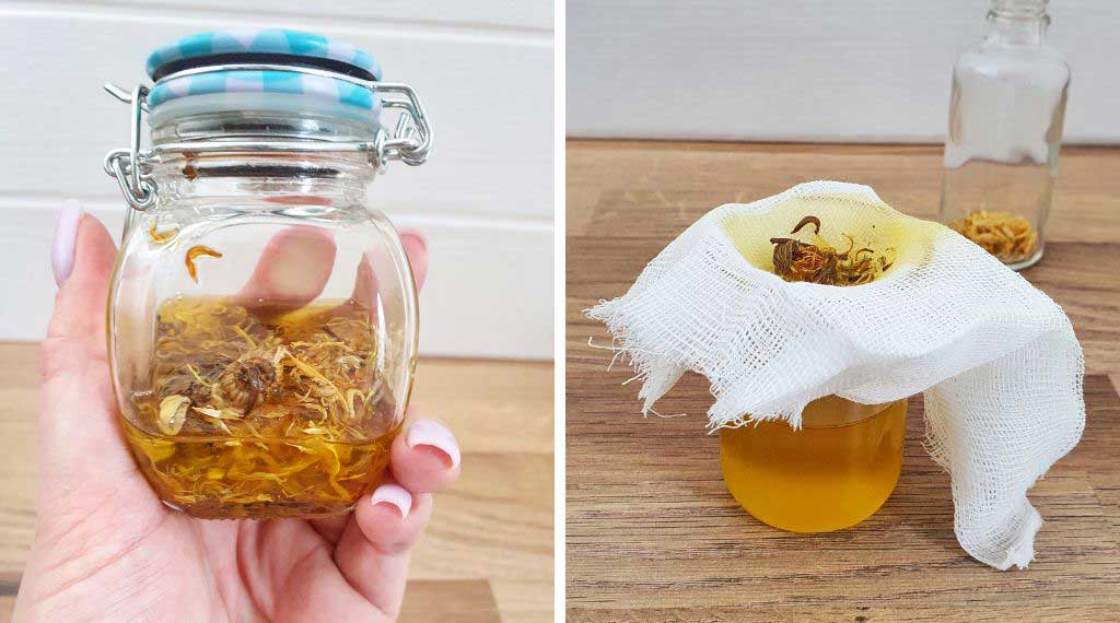 Straining calendula infused oil with cheesecloth