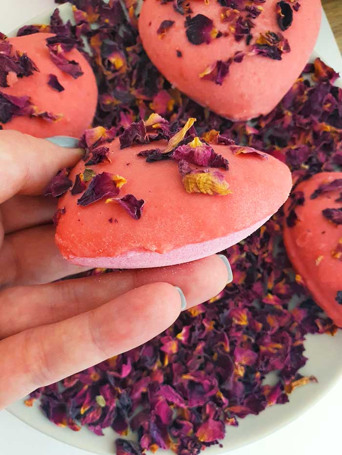 DIY heart bath bombs dipped in cocoa butter icing