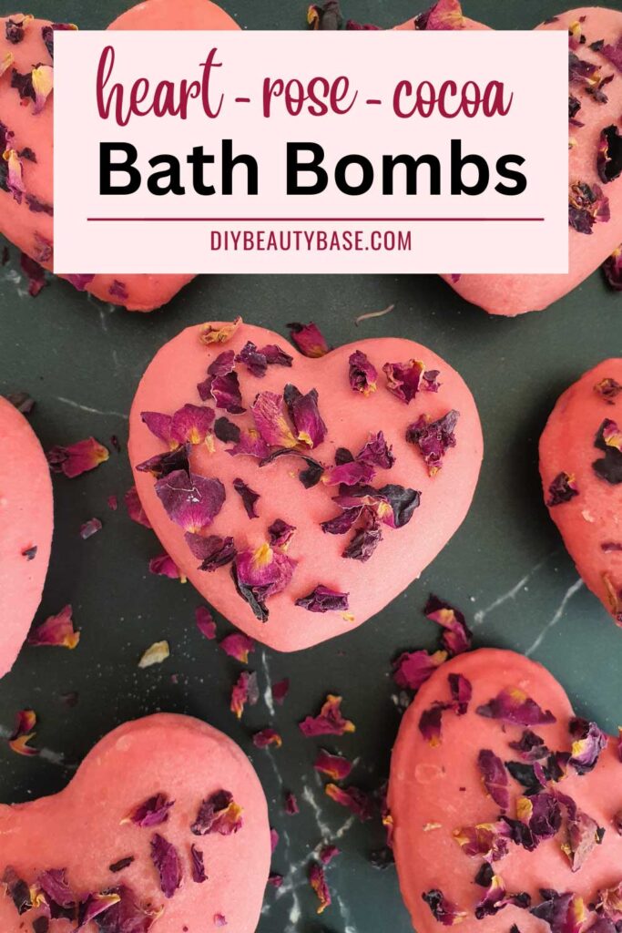 heart shaped bath bombs with cocoa glaze and rose petals for valentines day