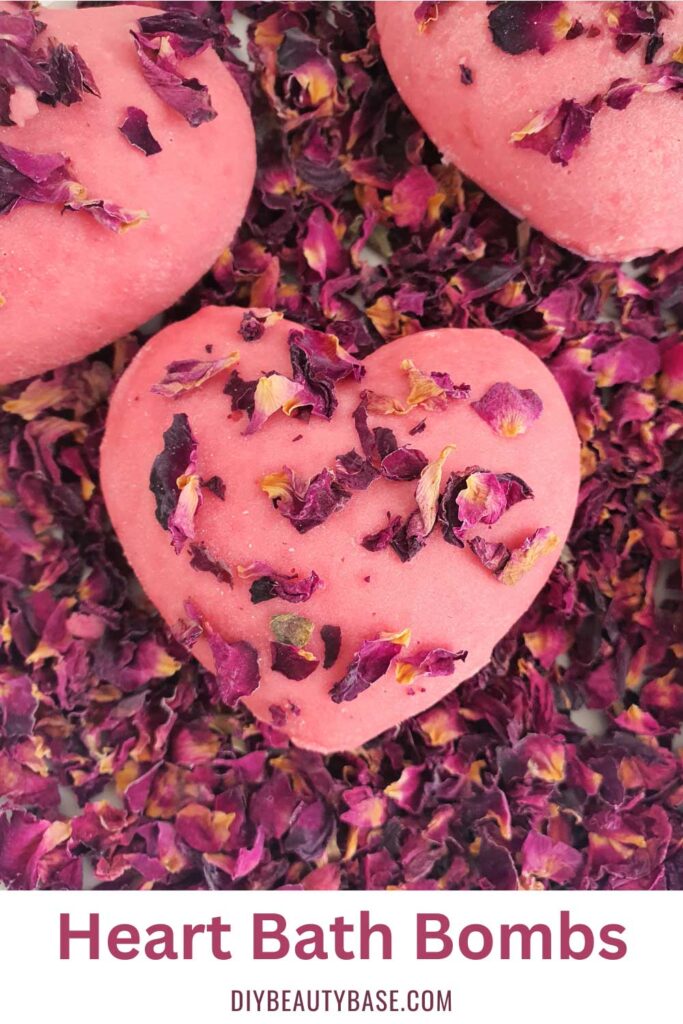 moisturizing heart shaped bath bombs with cocoa butter glazing and rose petals