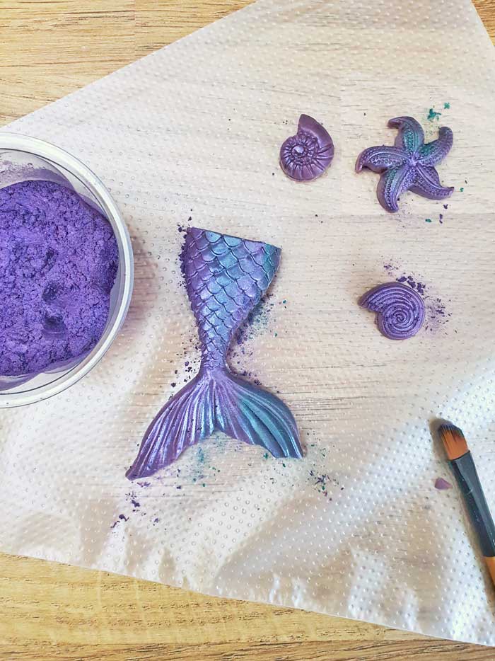 painting mermaid tail soap with mica powder