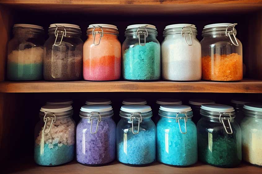 bath salts store in an airtight glass jars in a cupboard away from the sun