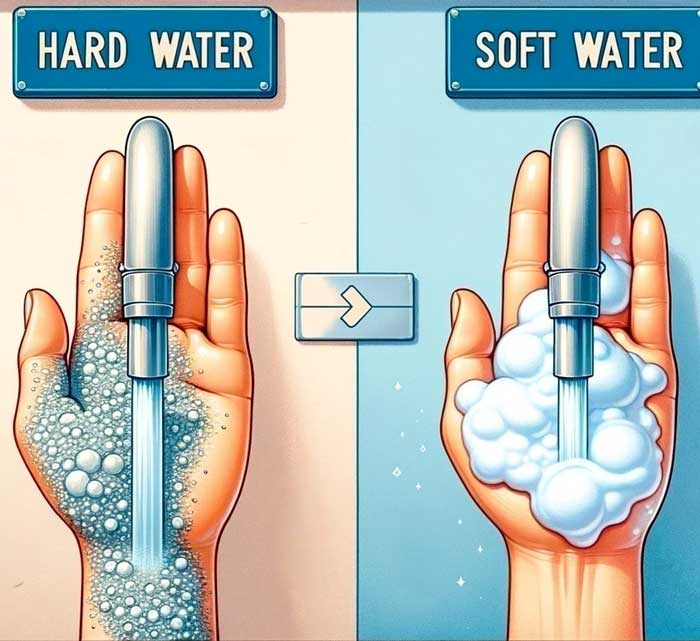 using soap in hard water vs soft water, in hard water soap is not lathering well while in soft water it is lathering very well